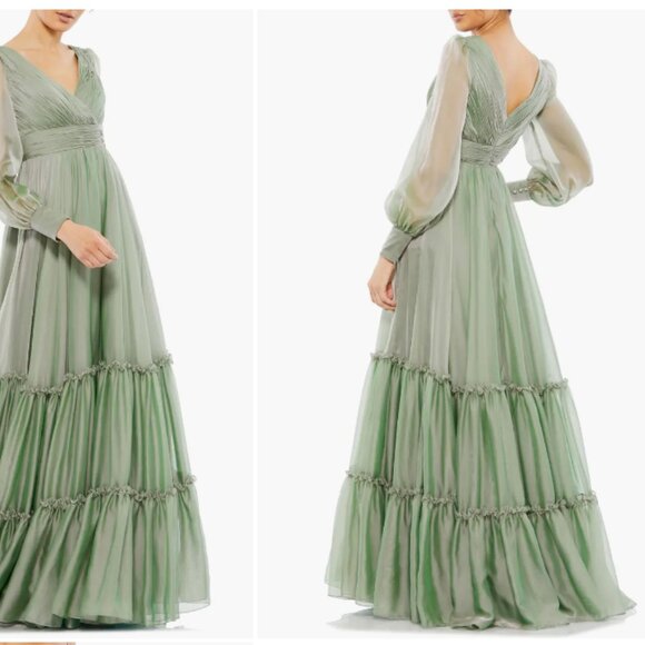 MAC DUGGAL 678641 FAUX WRAP ILLUSIONS BISHOP SLEEVE SAGE TIERED CHIFFON GOWN  4 - Picture 4 of 5